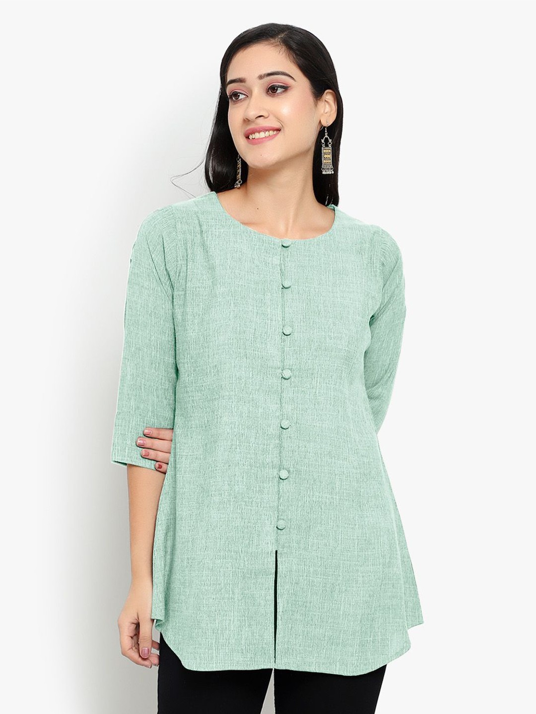 

Indietoga Women Solid Cotton-Linen Tunic, Green