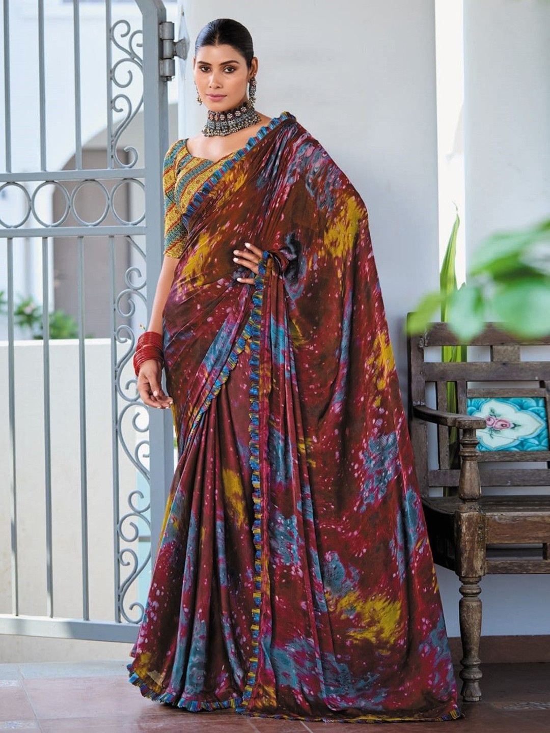 

Mitera Embellished Satin Saree, Coffee brown