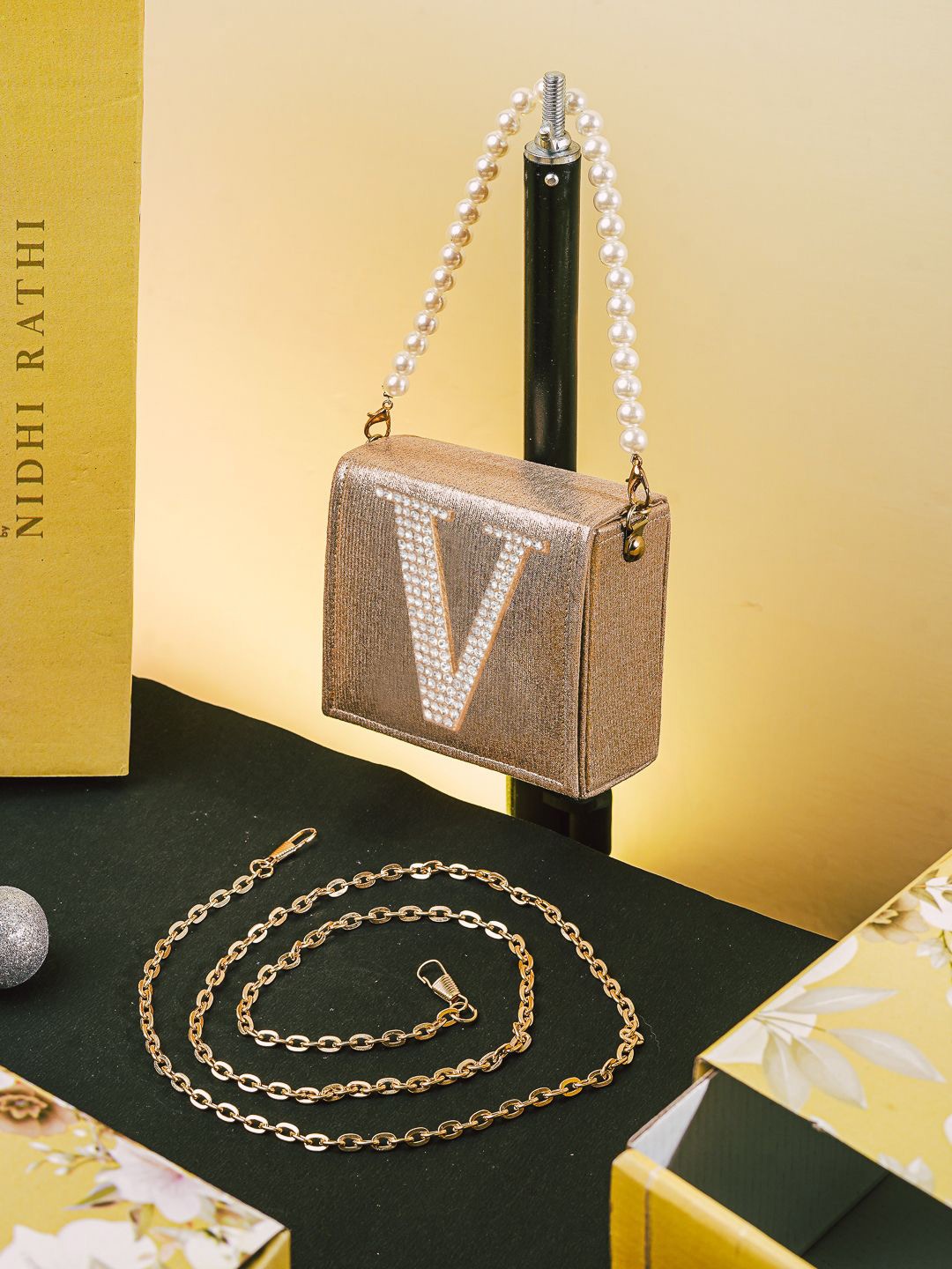 

NR By Nidhi Rathi V Initial Embellished Purse Clutch, Gold