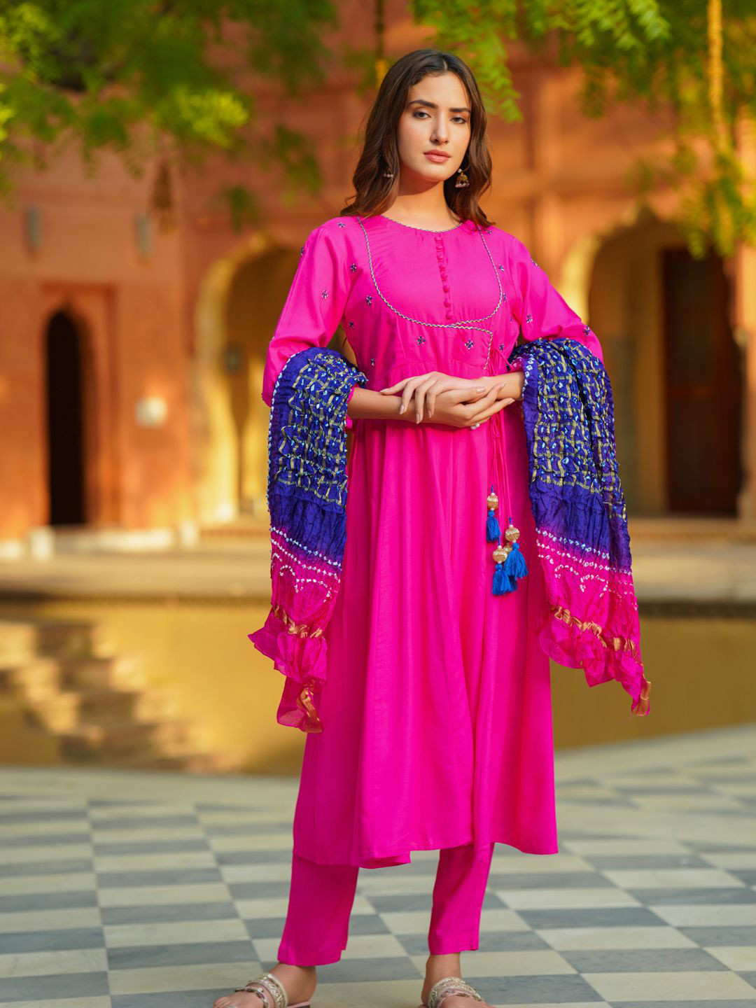 

Ambraee Floral Yoke Design Angrakha A-Line Kurta With Trousers & Dupatta, Pink