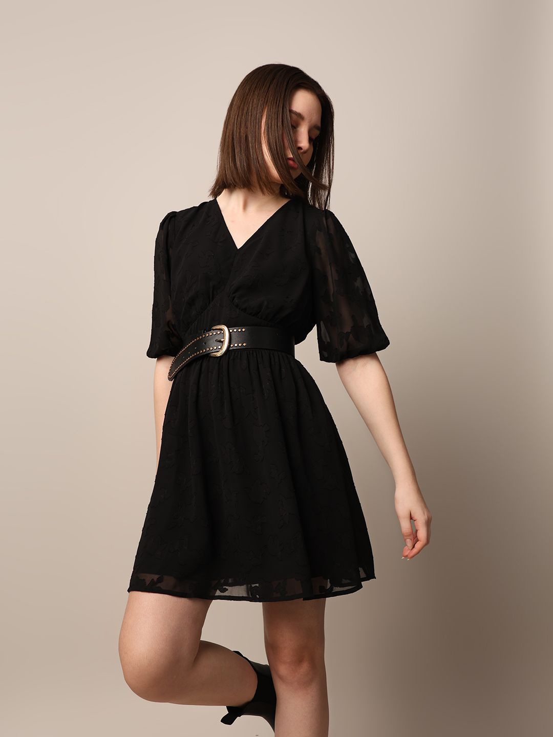 

ONLY Puff Sleeve Jacquard Fit & Flare Dress, Black