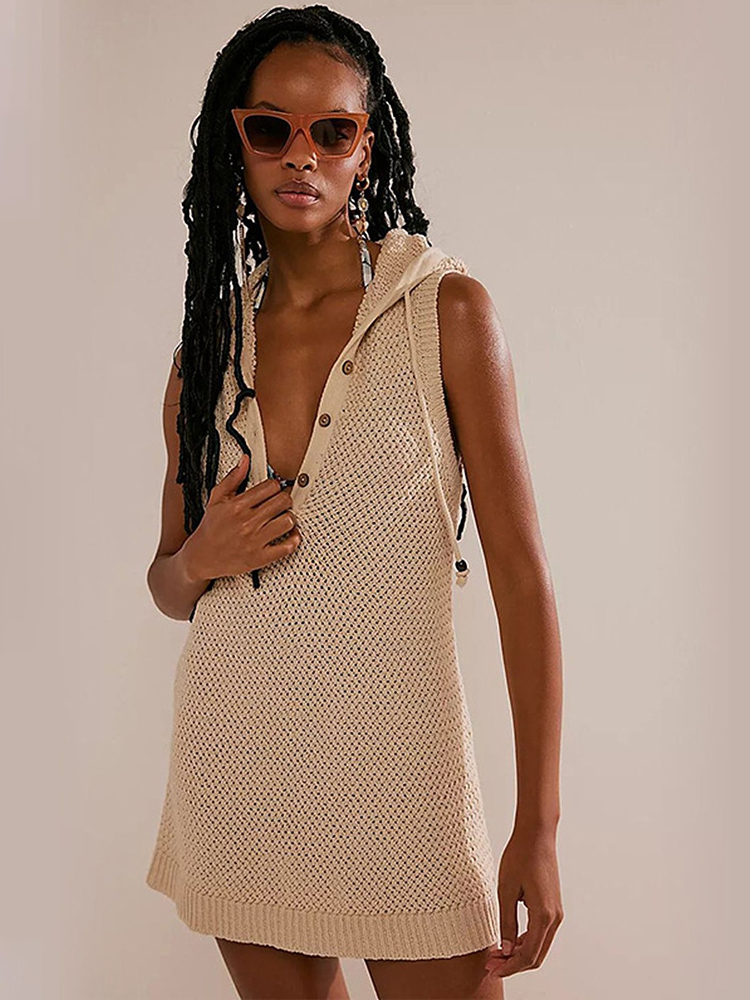 

LULU & SKY Printed Hooded Swimwear Coverup Top, Beige