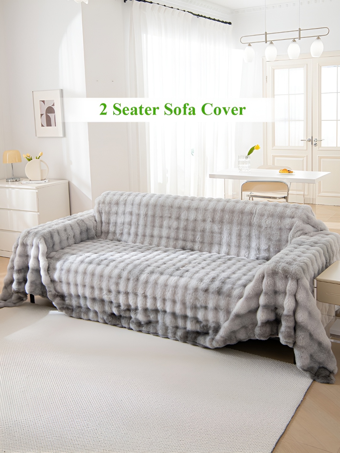 

HOKIPO Grey & White Self Design Faux Fur 2 Seater Sofa Throw