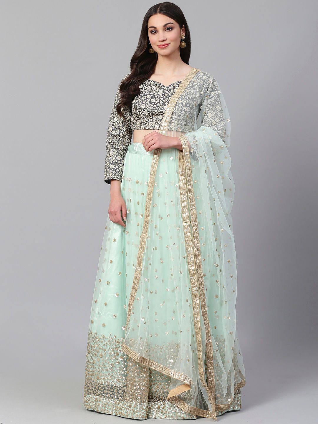 

FABPIXEL Embroidered Sequinned Semi-Stitched Lehenga & Unstitched Blouse With Dupatta, Black