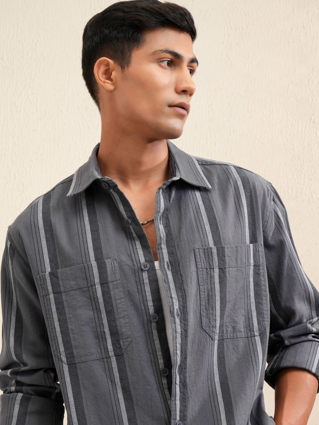 

LOCOMOTIVE Premium Men Dobby Textured Striped Oversized Overshirt, Grey