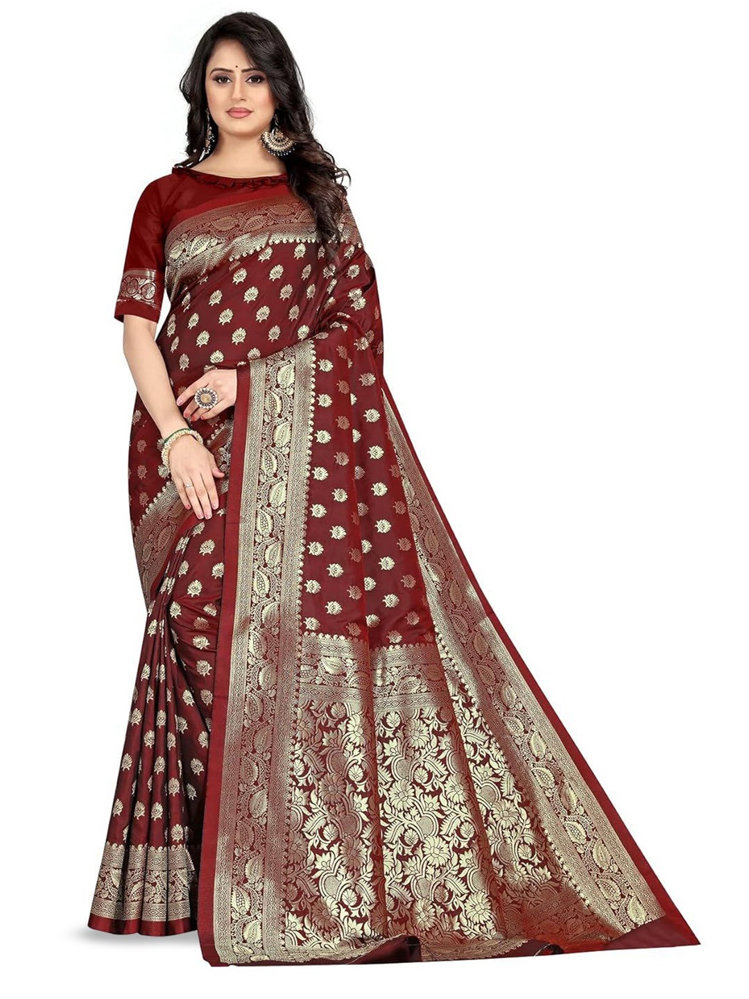 

LEAFFEB Ethnic Motifs Woven Design Zari Pure Silk Banarasi Saree, Maroon