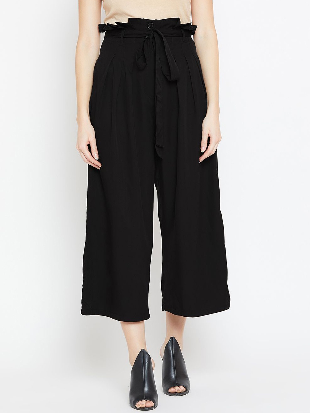 

Bitterlime Women Relaxed Loose Fit Pleated Culottes Trousers, Black