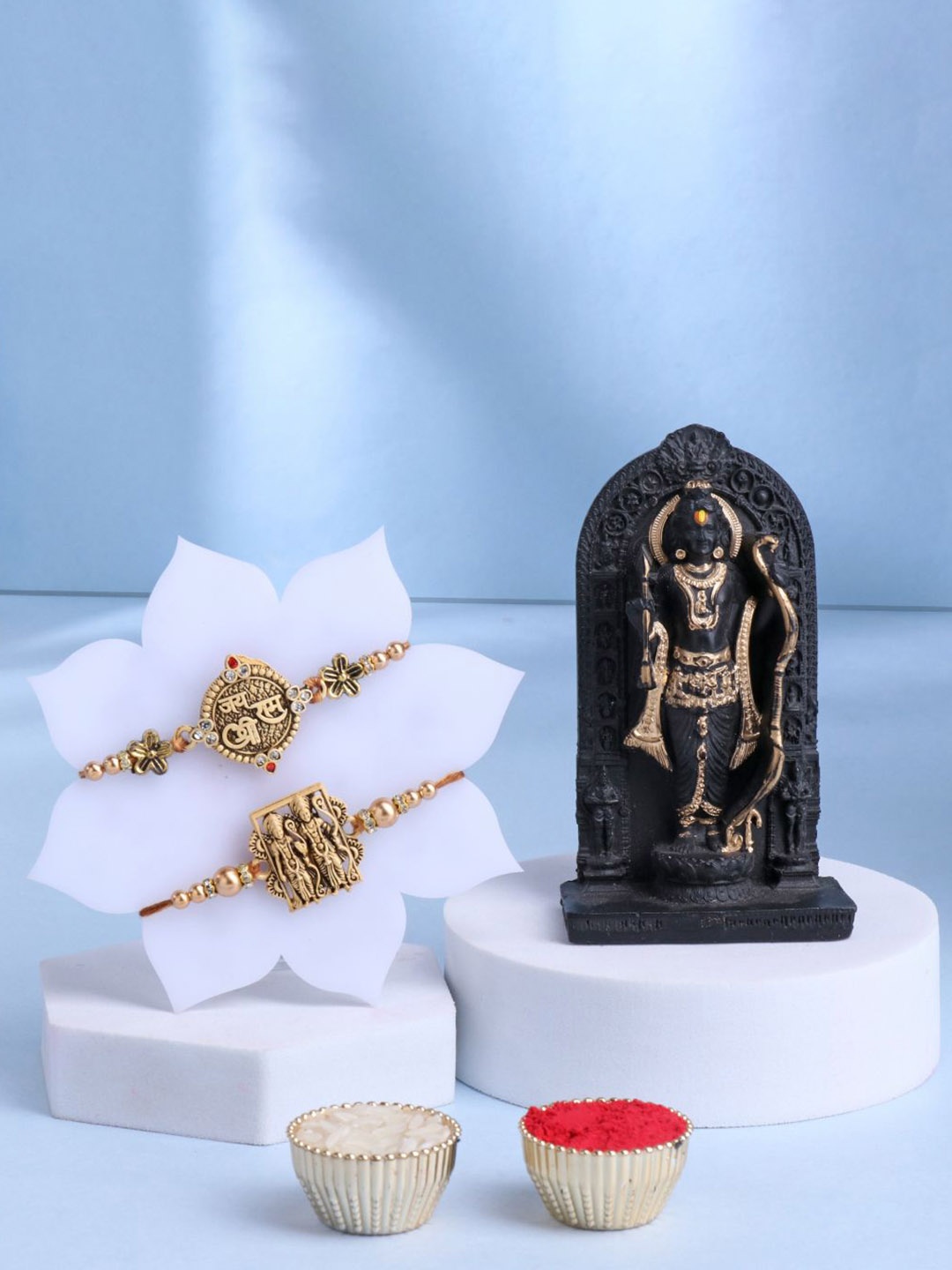 

Floweraura Set of 3 Ram Darbar Rakhi With Lord Shri Ram Lala Ji Idol Showpiece, Gold