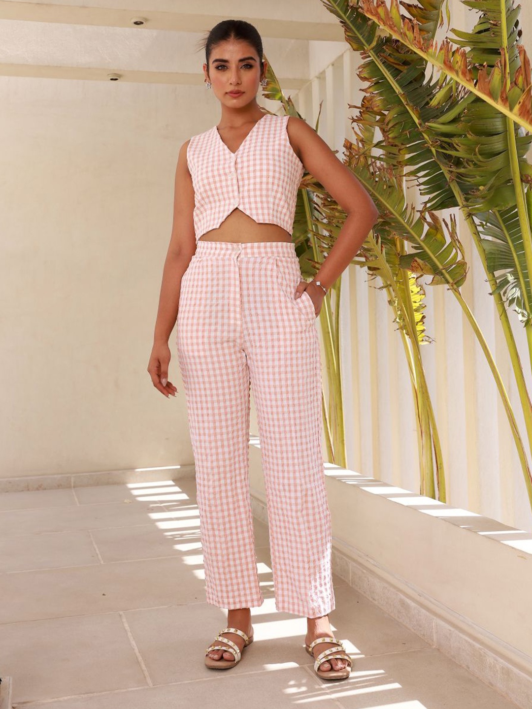 

MOONSTRUCK Checked Waist Coat With Trousers Pure Cotton Co-Ords Set, Pink