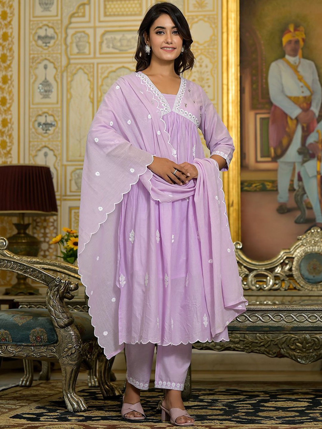 

Varanga Women Floral Embroidered Beads and Stones Cotton Kurta with Trousers & Dupatta, Lavender