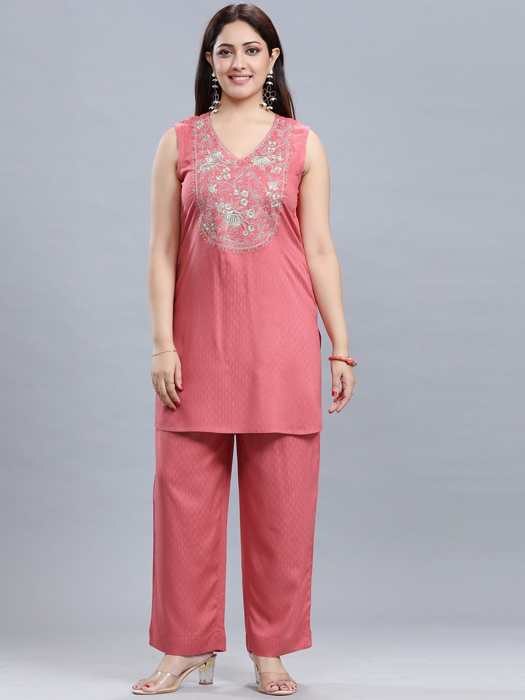 

COTTON CULTURE Embroidered Tunic With Trousers, Peach