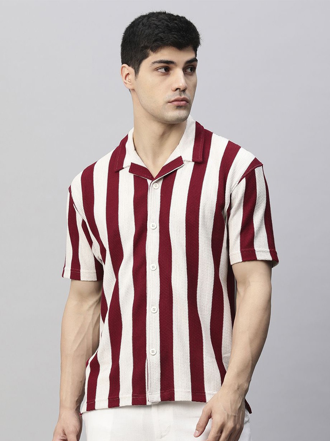 

PRONK Men Cuban Collar Vertical Striped Cotton Casual Shirt, Beige