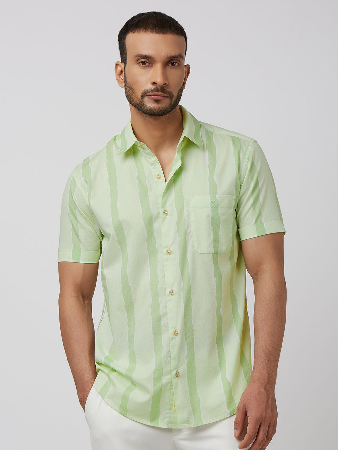 

Mufti Men Spread Collar Striped Cotton Slim Fit Casual Shirt, Green