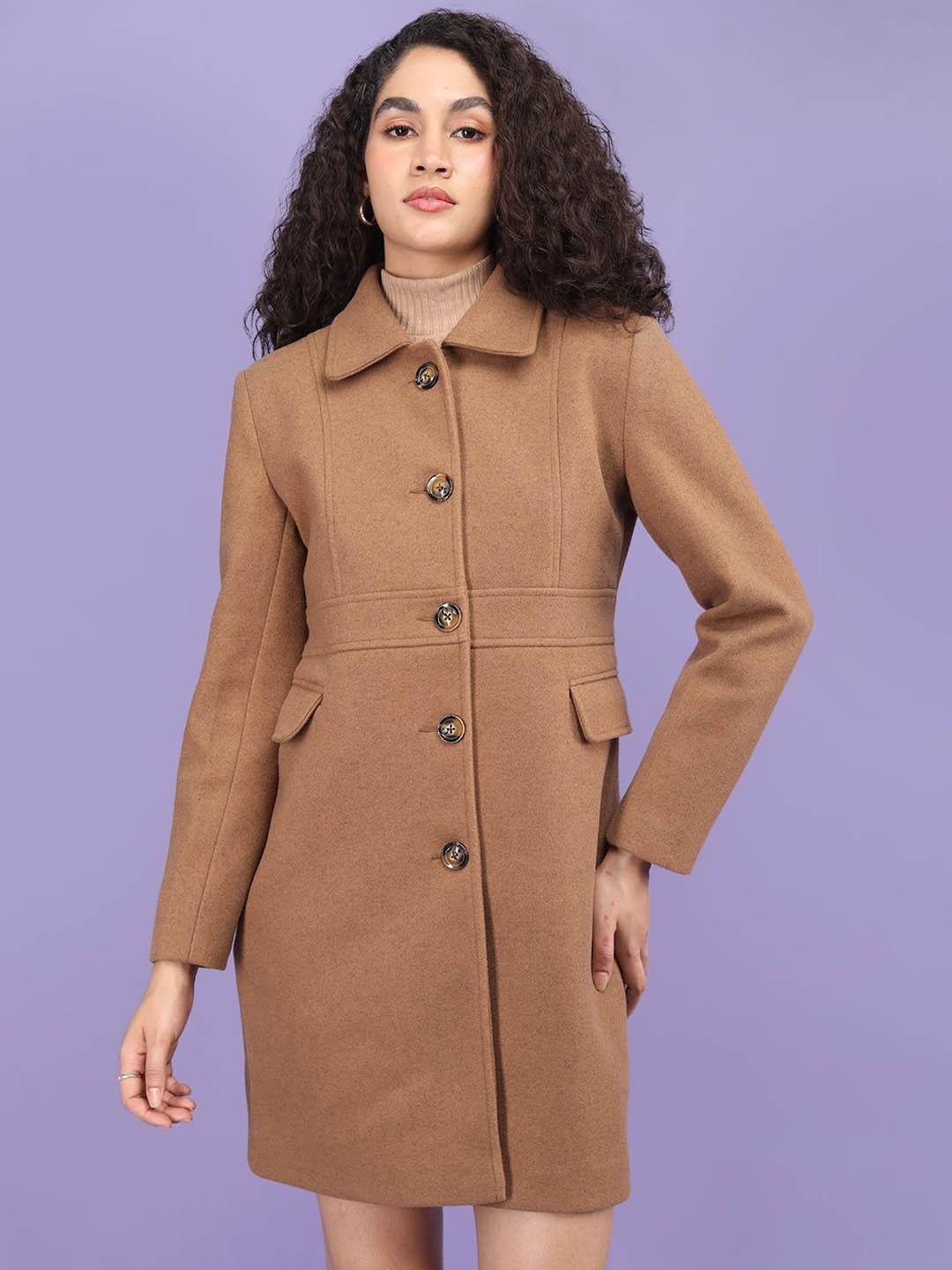 

Plagg Women Textured Single-Breasted Overcoat, Brown