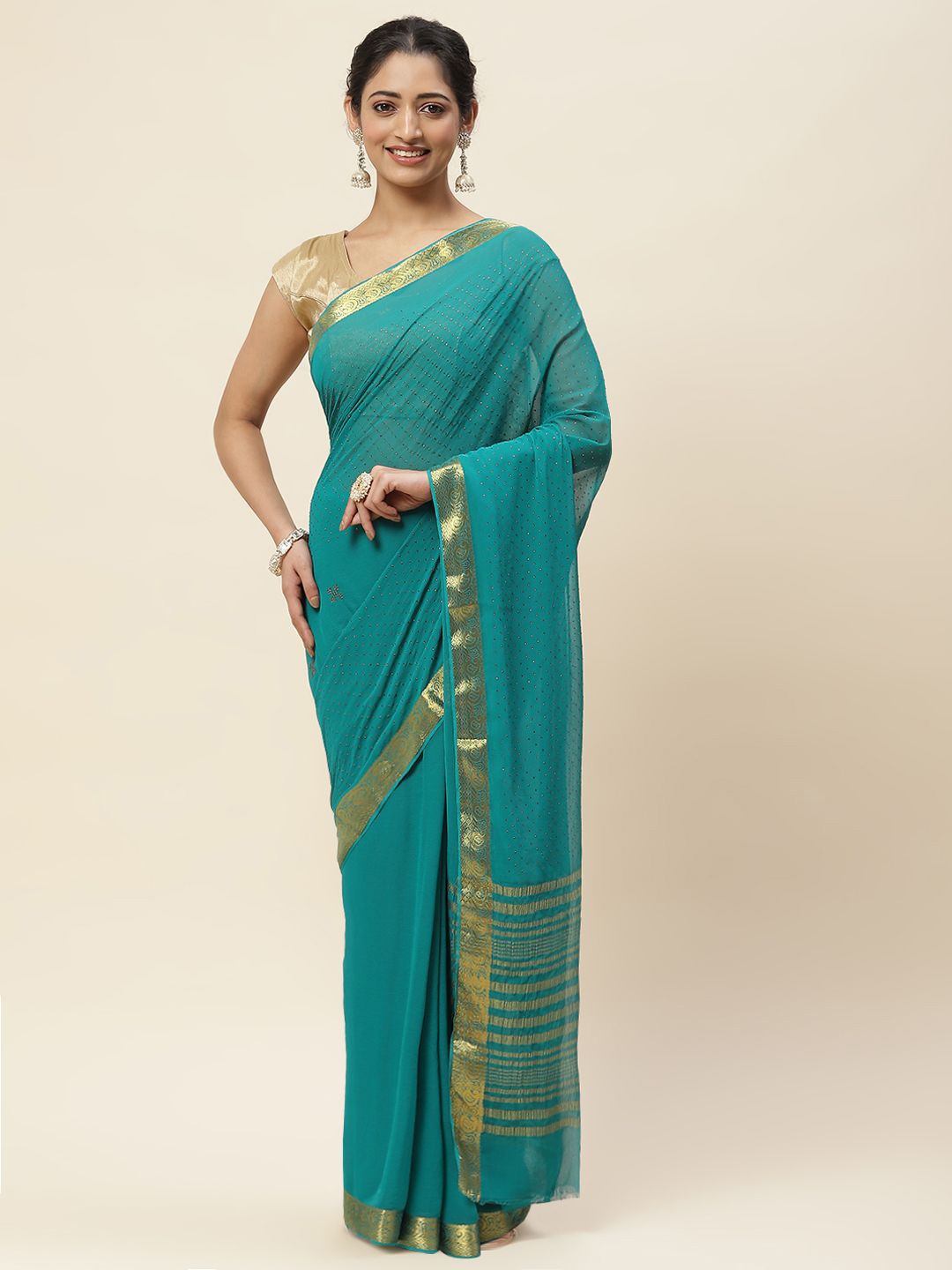 

Meena Bazaar Zari Woven Embellished Saree, Blue