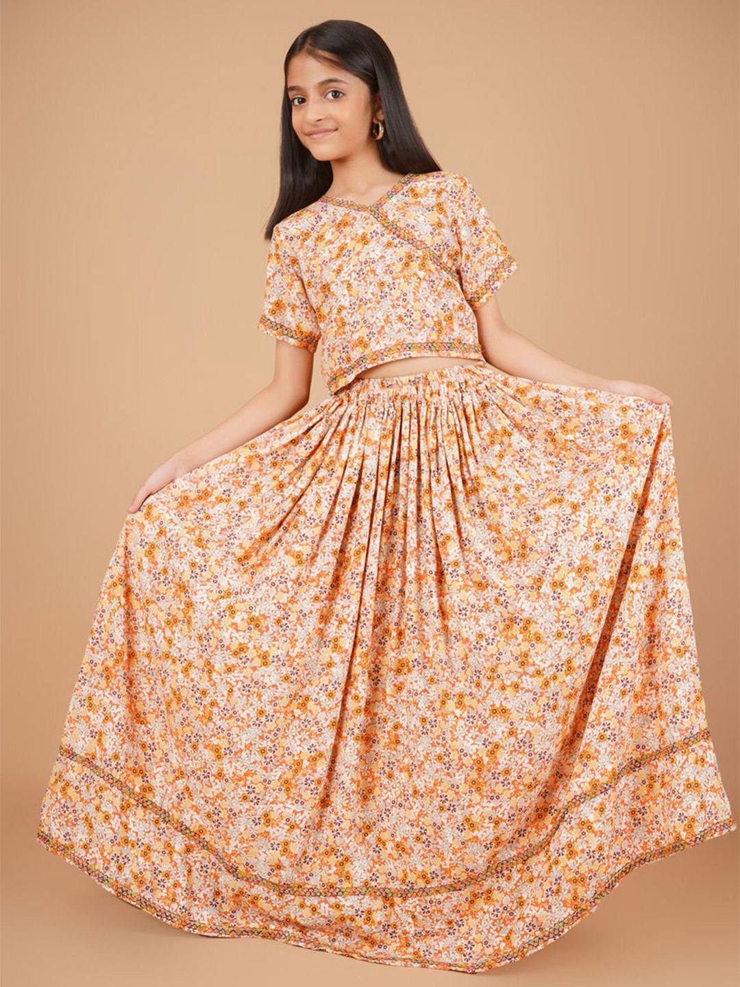 

Unique Designers Girls Printed Ready to Wear Lehenga & Choli, Mustard