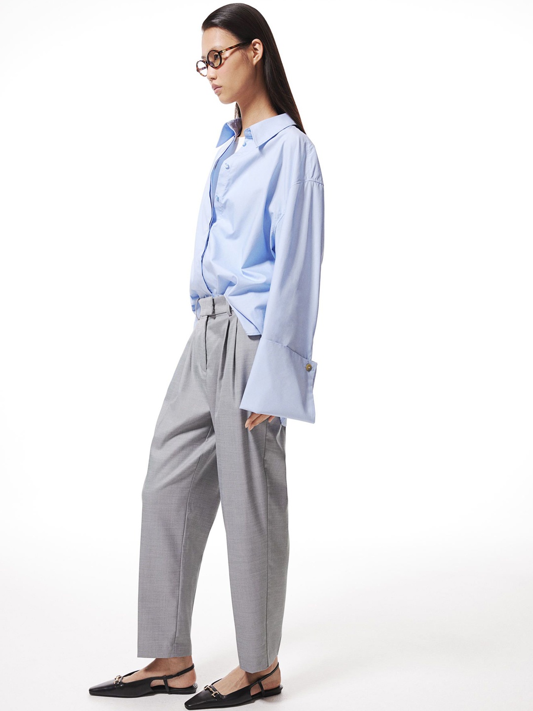 

H&M Women High-Rise Pleated Ankle-length Trouser, Grey