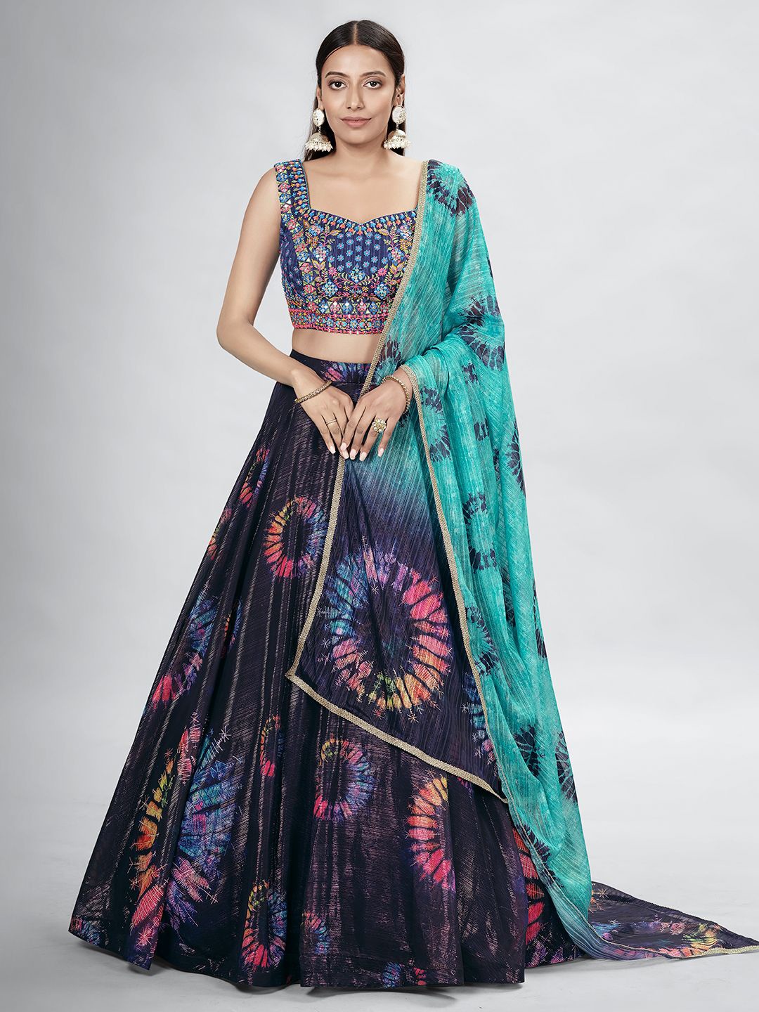 

Fusionic Embroidered Beads and Stones Semi-Stitched Lehenga & Blouse With Dupatta, Navy blue
