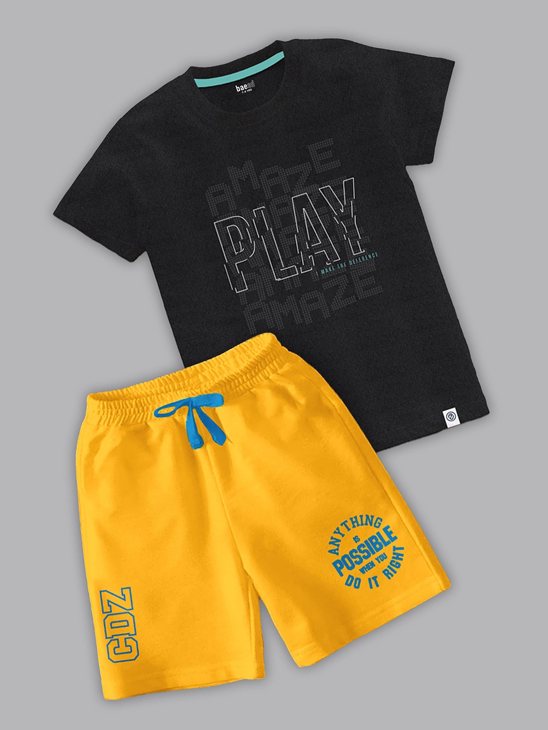 

BAESD Boys Typography Printed Round Neck T-shirt With Shorts, Yellow