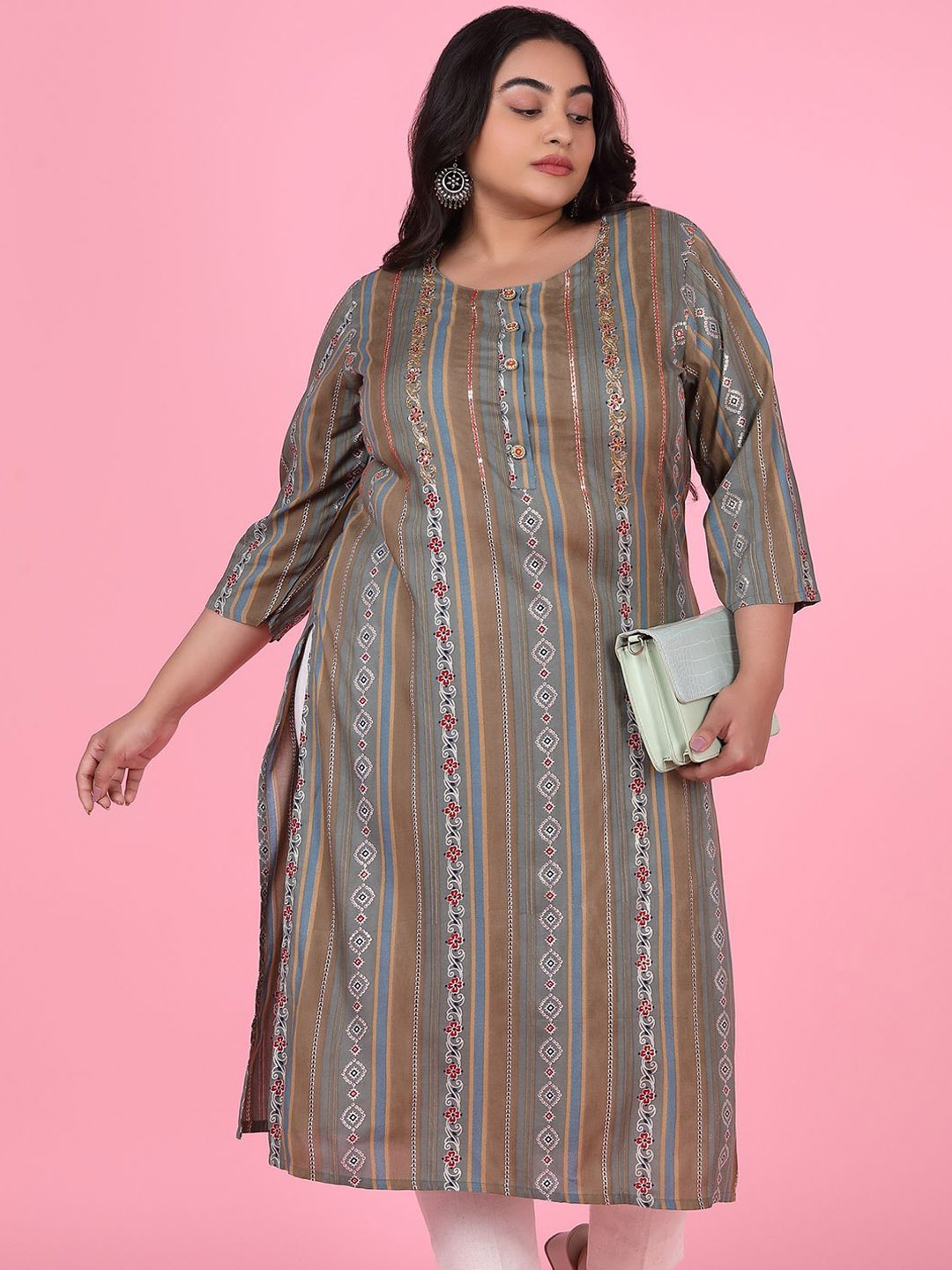 

SHOWOFF Plus Size Floral Printed Thread Work Cotton Straight Kurta, Olive