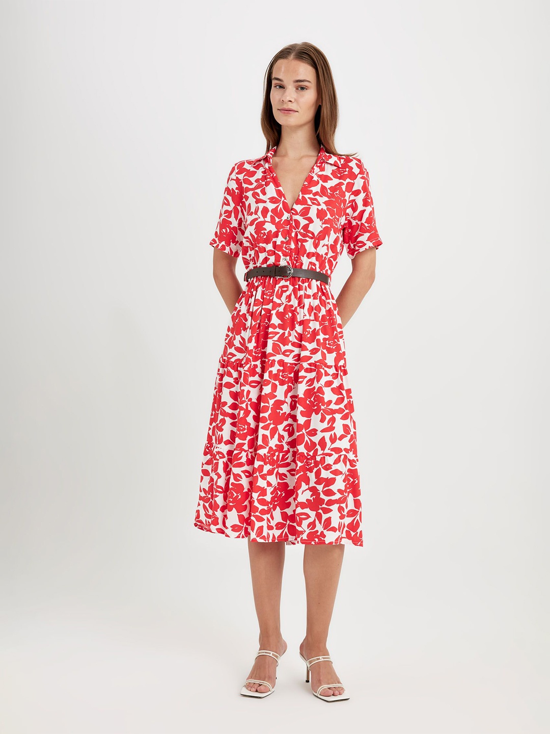 

DeFacto Floral Print Fit & Flare Midi Dress, Red