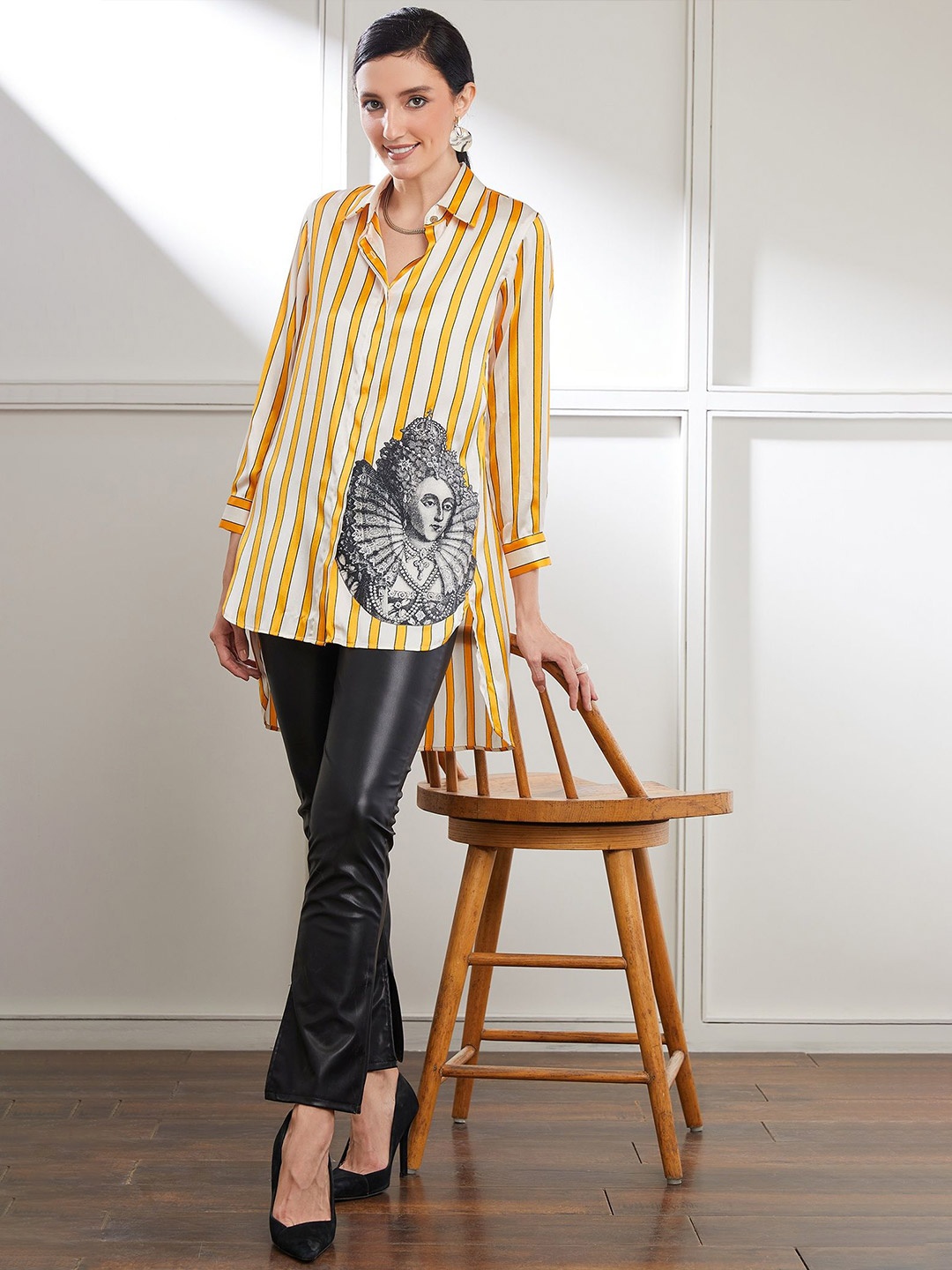 

SEVENDC Striped Satin Shirt Style Top, Yellow