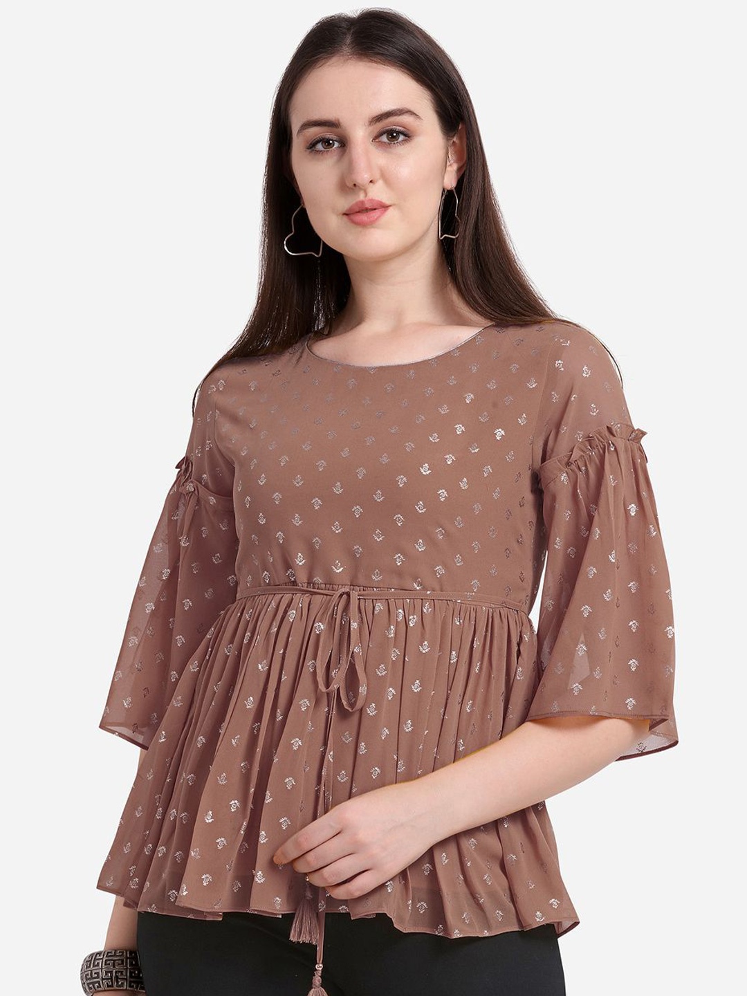 

FAB GALAXY Bell Sleeve Georgette Empire Top, Brown