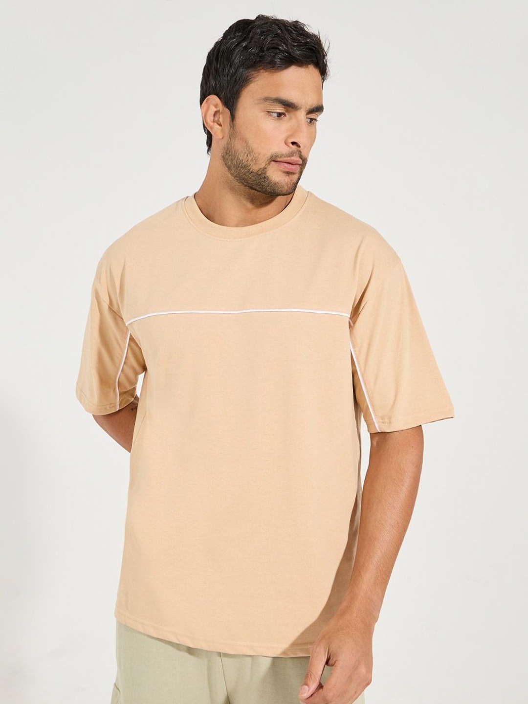 

Styli Men Solid Round Neck Cotton Oversized T-Shirt, Beige