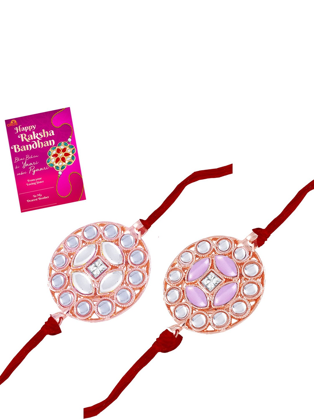 

Okos Set Of 2 Rose Gold Plated Thread Rakhi With Greeting Card