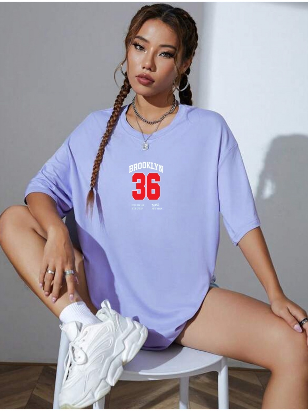 

TABADTOD Women Round Neck Varsity Printed Oversized T-shirt, Purple