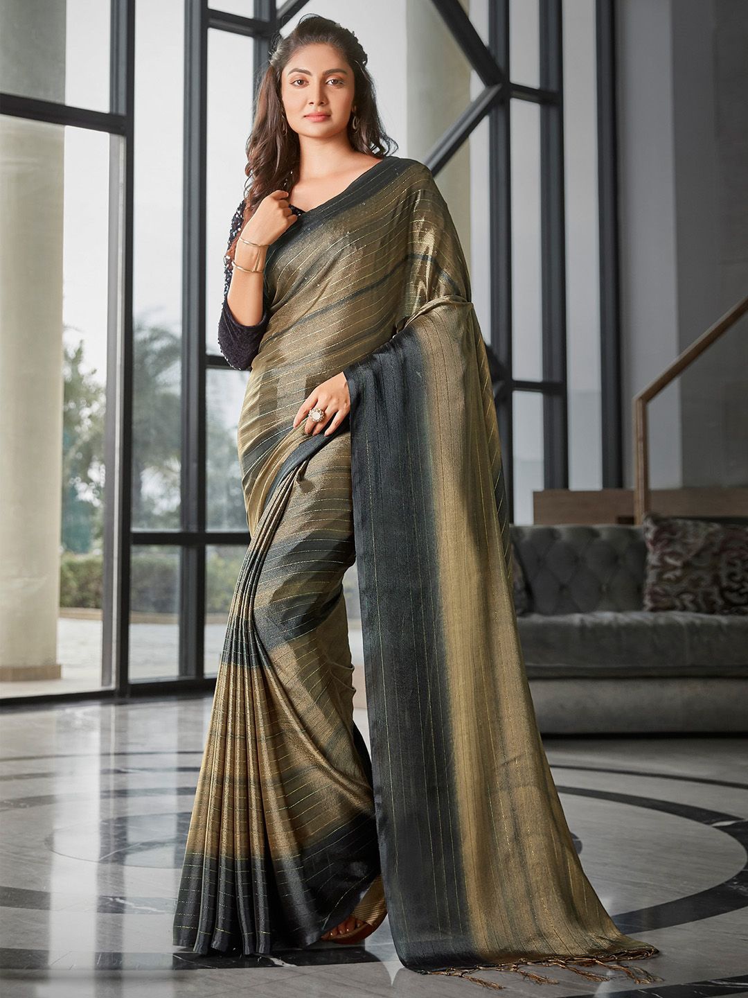 

KALINI Striped Sequinned Saree, Black