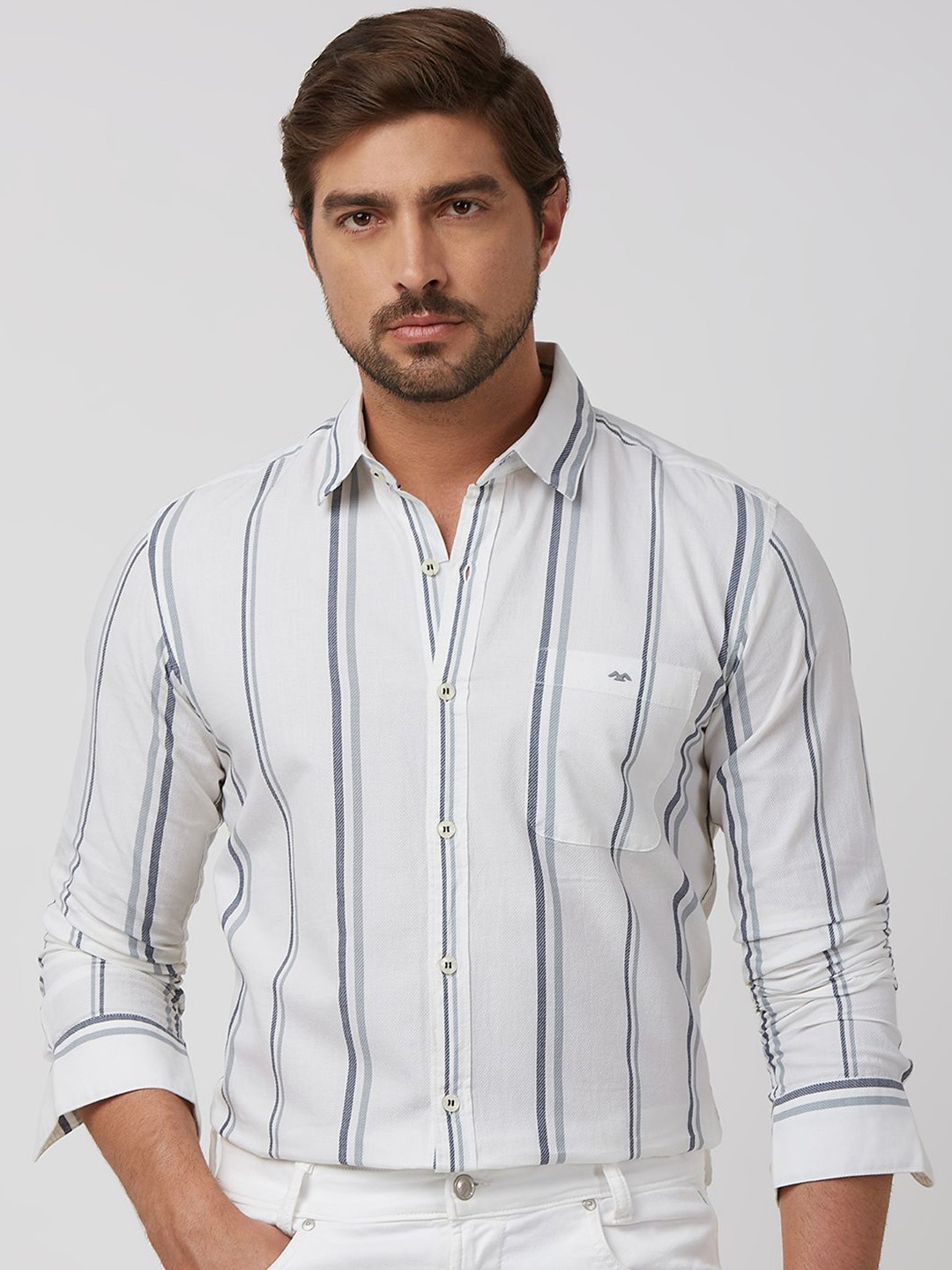 

Mufti Men Spread Collar Striped Cotton Slim Fit Casual Shirt, White