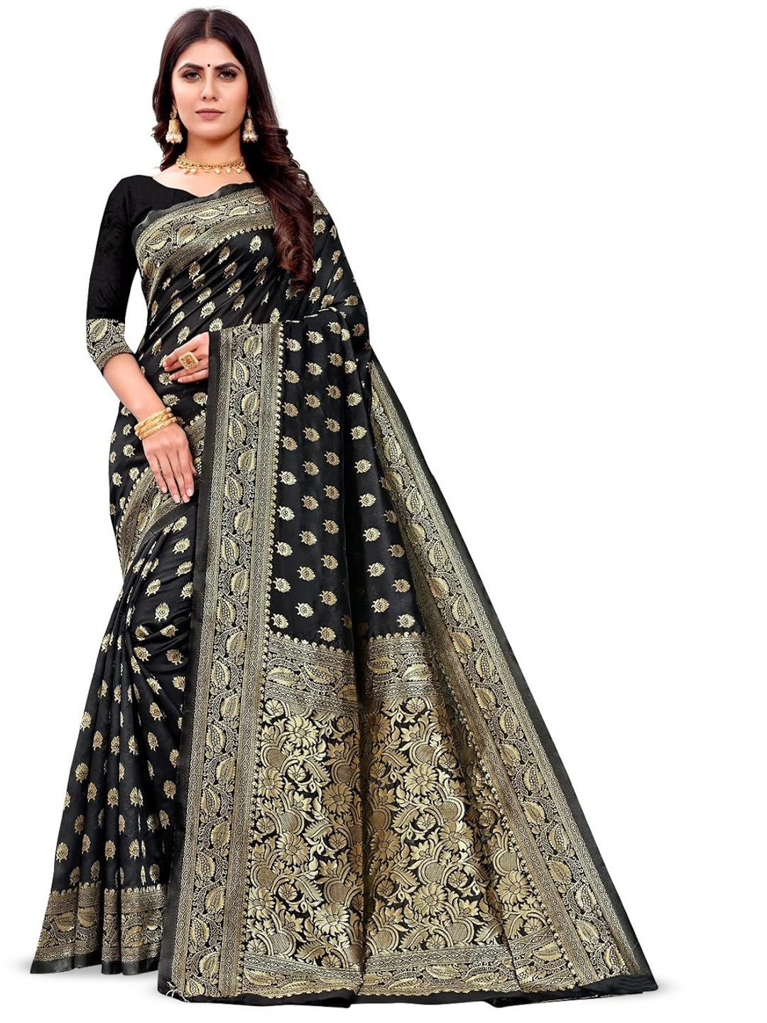 

LEAFFEB Ethnic Motif Zari Woven Pure Silk Banarasi Saree, Black