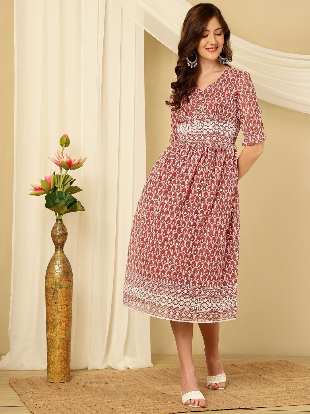 

AKIMIA Women Floral Print Georgette V-Neck Fit & Flare Midi Dress, Rose