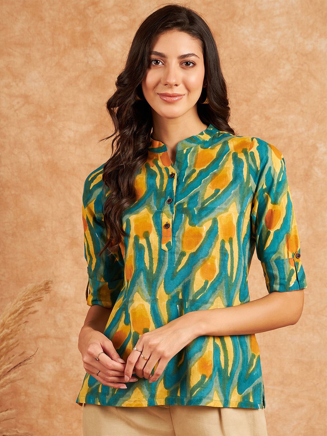 

Modeve Abstract Printed Mandarin Collar Roll-Up Sleeves Cotton Shirt Style Top, Teal