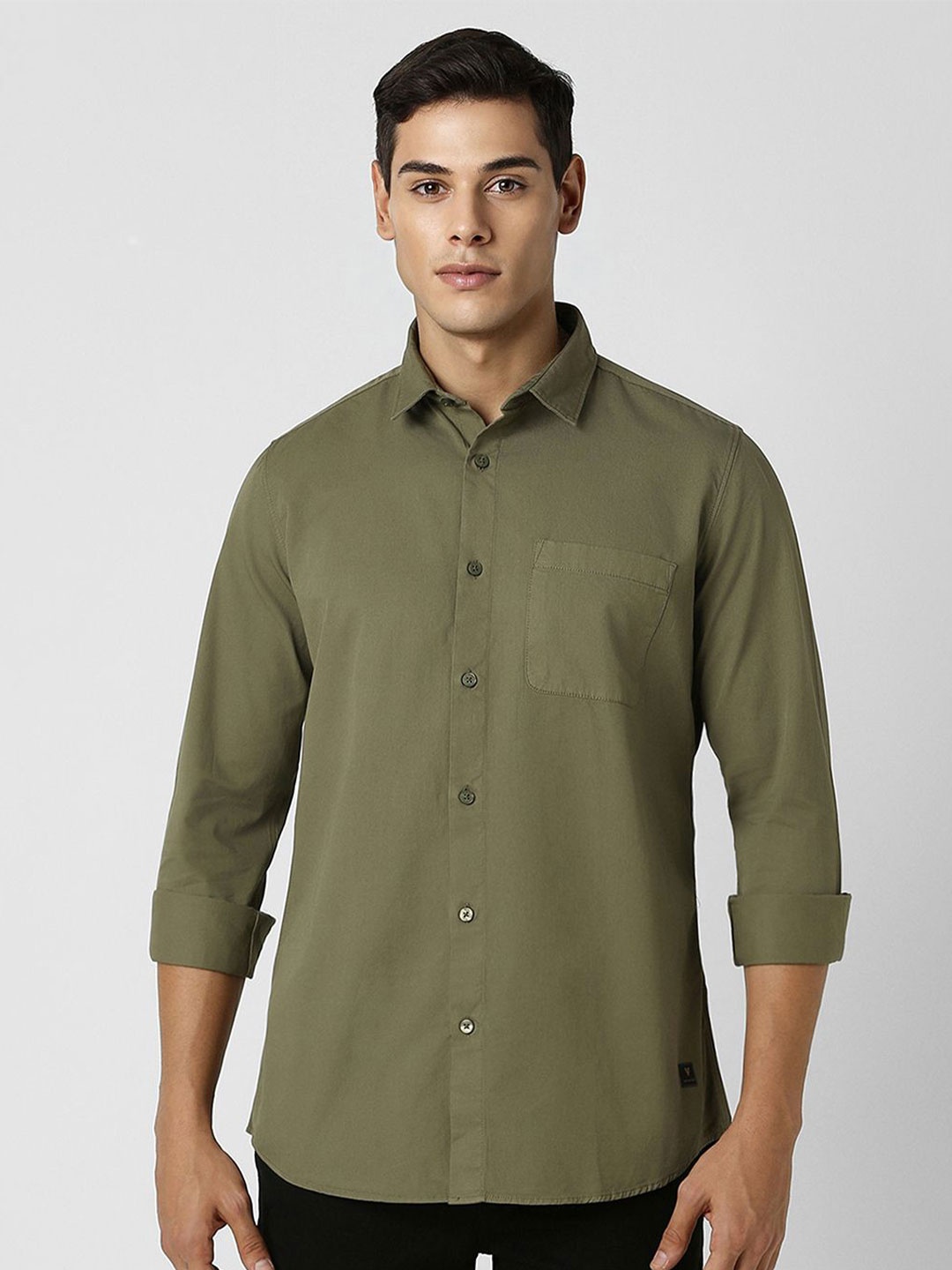 

VAN HEUSEN DENIM LABS Men Spread Collar Solid Cotton Slim Fit Casual Shirt, Olive