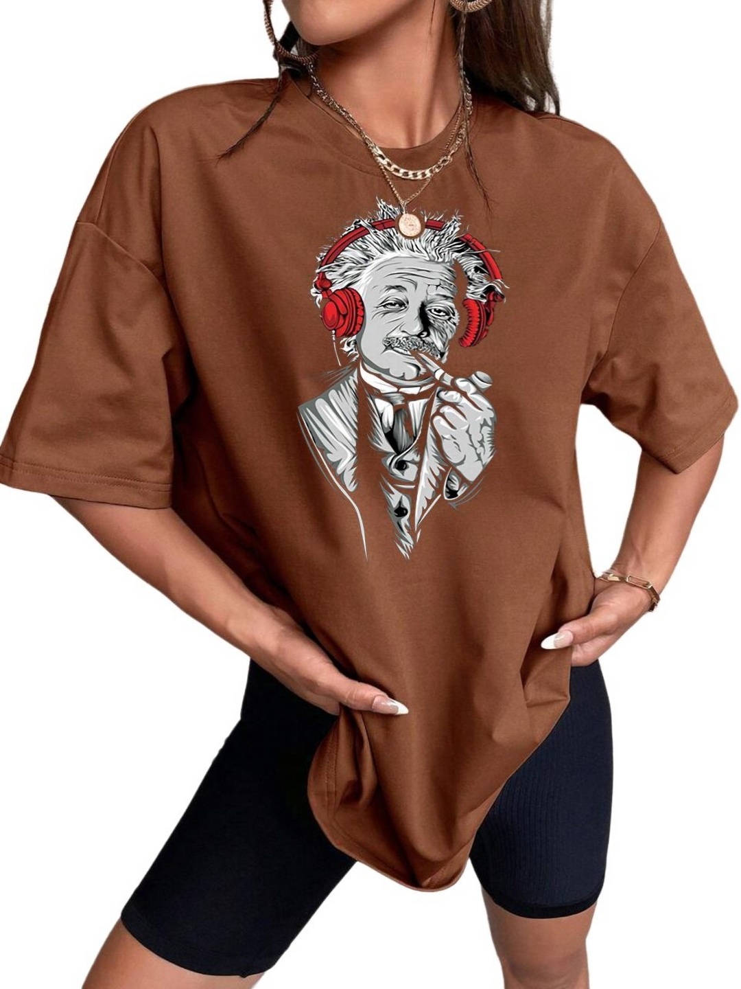 

TABADTOD Women Graphic Printed Oversized T-shirt, Brown
