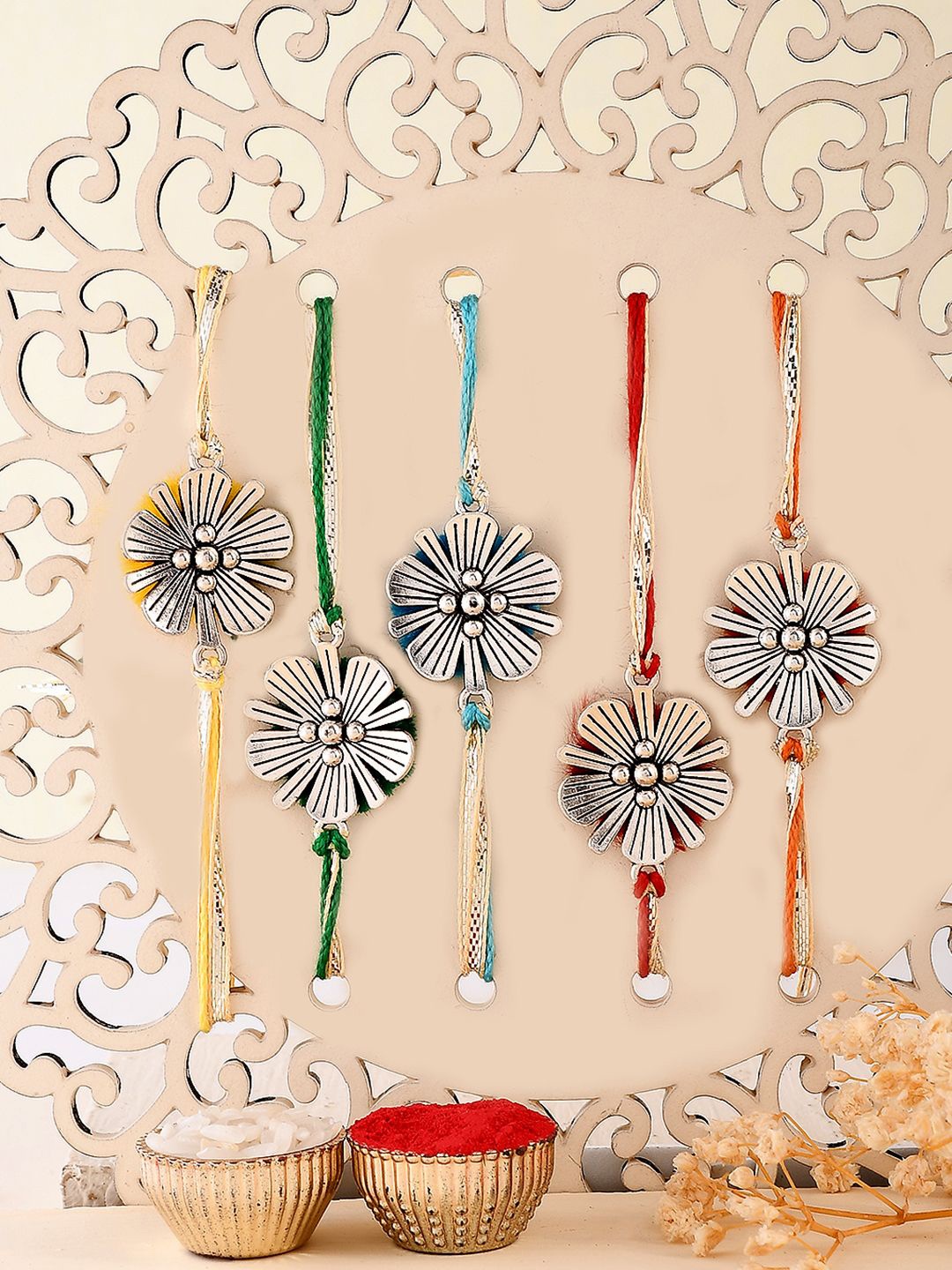 

Sangria Silver-Toned & Red Set of 5 Multistrand Rakhis With Roli Chawal & Greetings Card