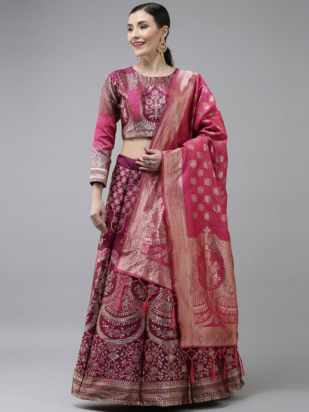 

MAGMINA Woven Design Semi-Stitched Lehenga & Unstitched Blouse With Dupatta, Pink