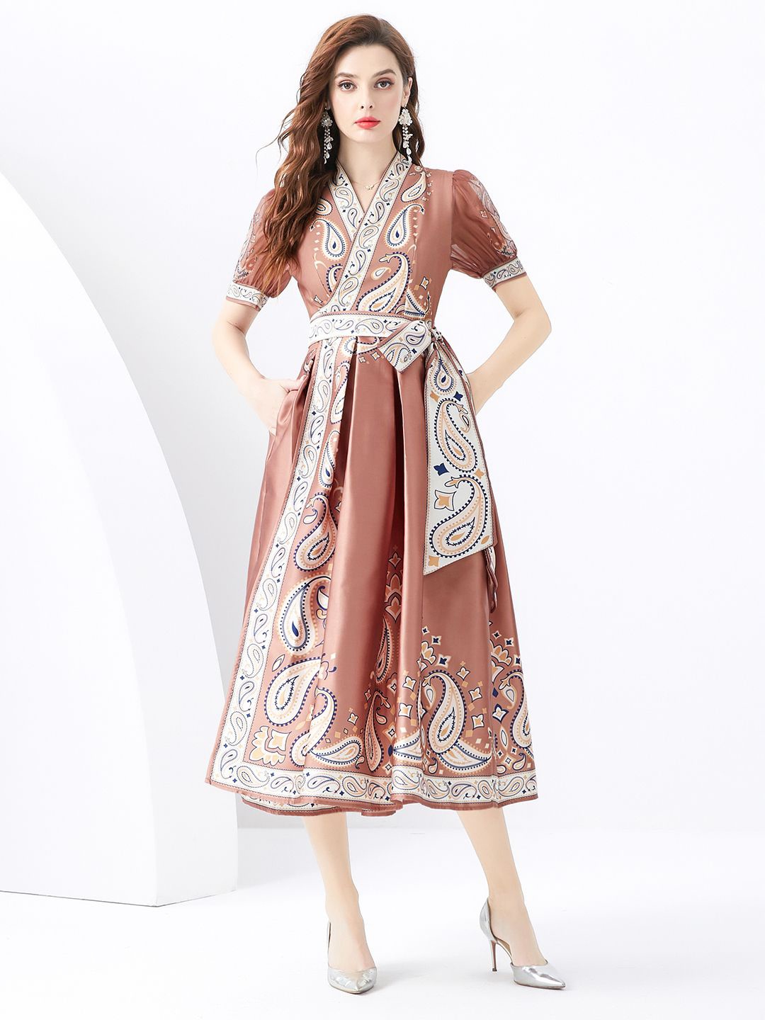 

JC Collection Women Ethnic Motifs Printed Puff Sleeves Midi Wrap Dress, Brown