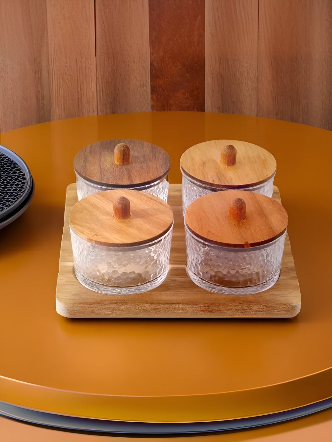 

UMAI Transparent 5 Pieces Glass Jars With Wooden Tray & Lid - 150 ml