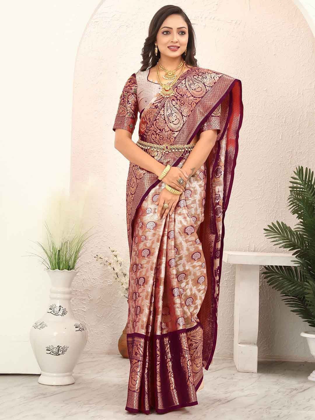 

Dori Woven Design Zari Tissue Banarasi Saree, Burgundy