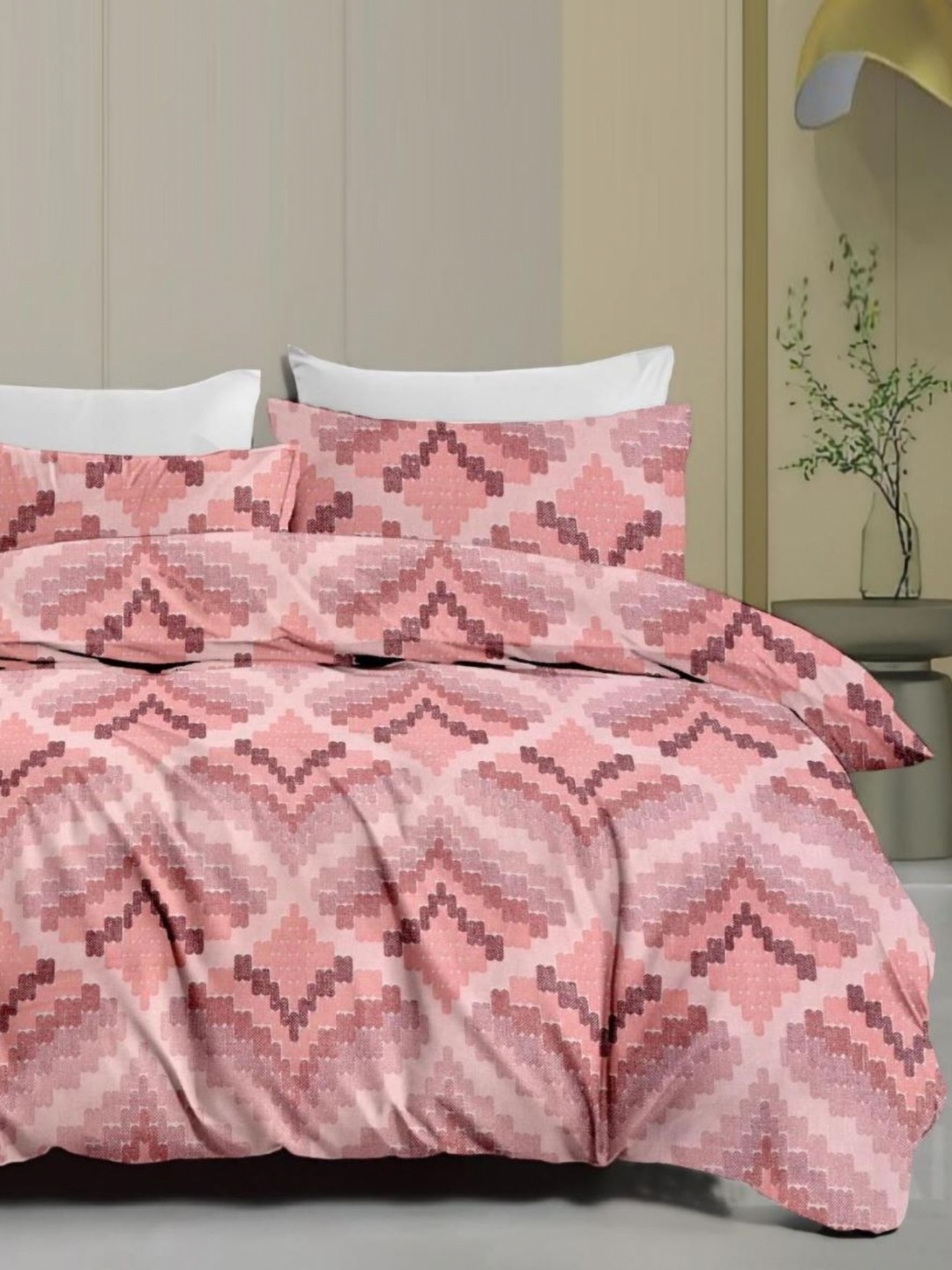 

Signature Pink Geometric 160 TC Queen Bedsheet with 2 Pillow Covers