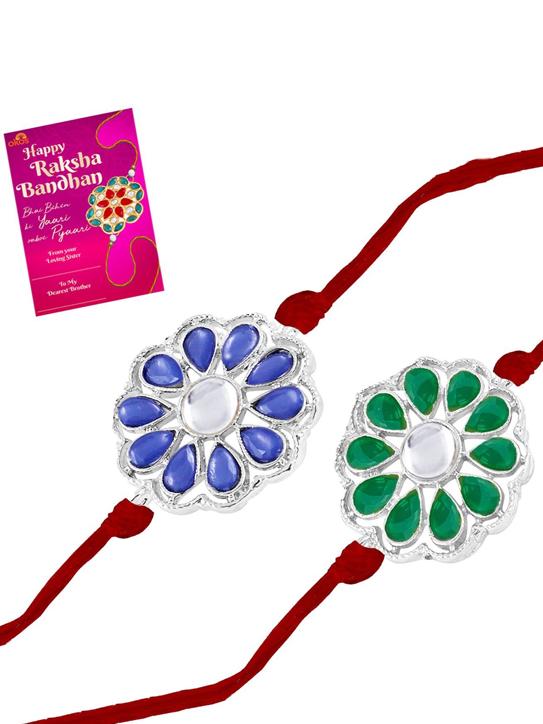 

Okos Set Of 2 Rhodium Plated Blooming Flower Thread Rakhi With Greeting Card, Silver