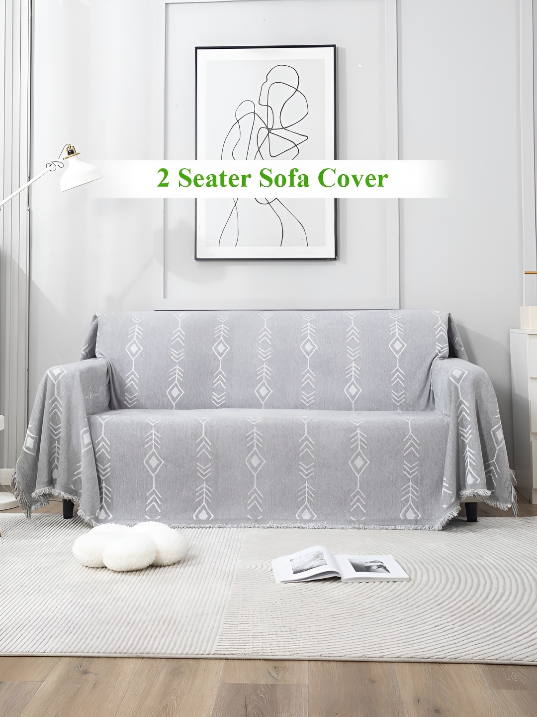 

HOKIPO Off White & Grey Cotton Chenille 2 Seater Sofa Throw