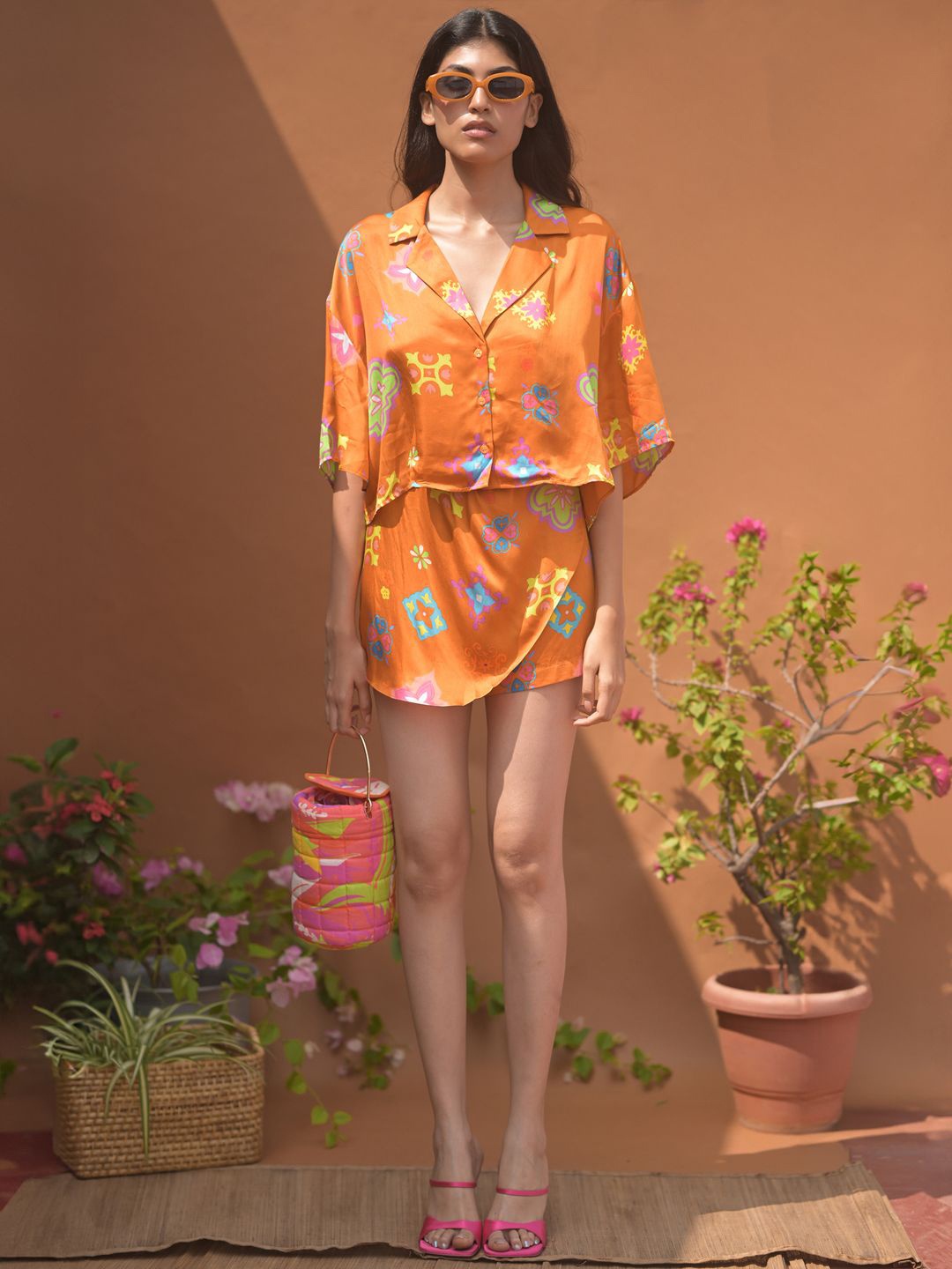 

GUAPA Floral Print Shirt and Tulip Skorts Co-Ords, Orange