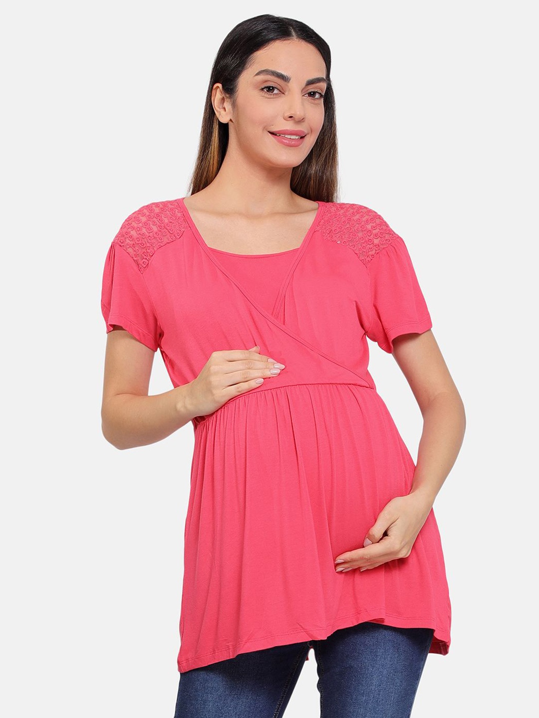 

MINI KLUB Women Puff Sleeves Gathered Detail Woven Longline Maternity Top, Pink