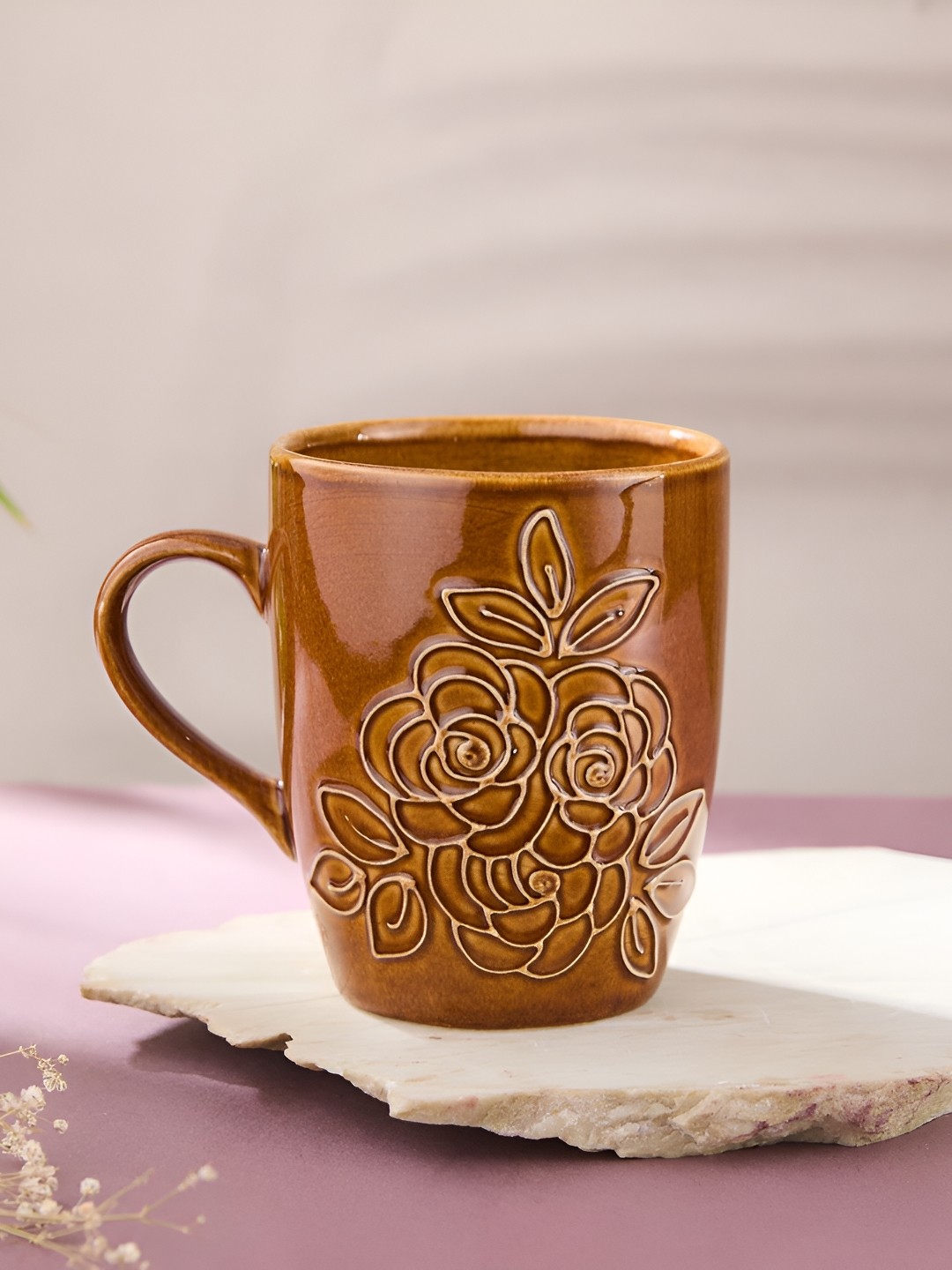 

Fabindia Brown Floral Textured Ceramic Glossy Mugs 400 ml