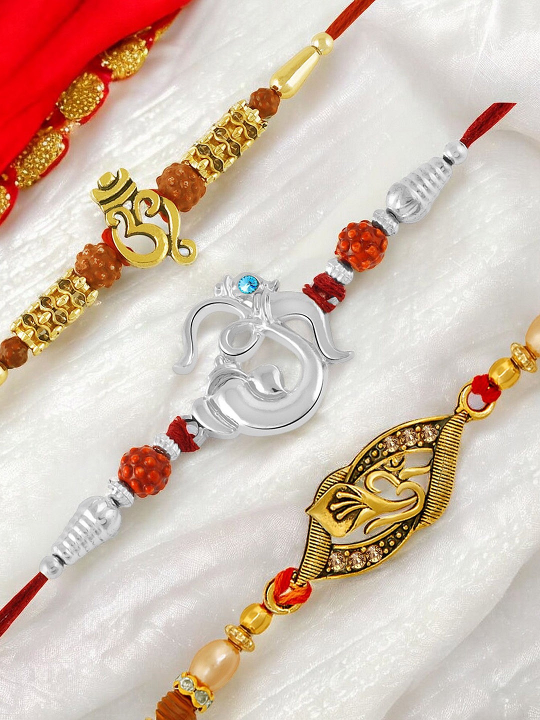 

Okos Set of 3 Beaded OM Thread Rakhis, Gold