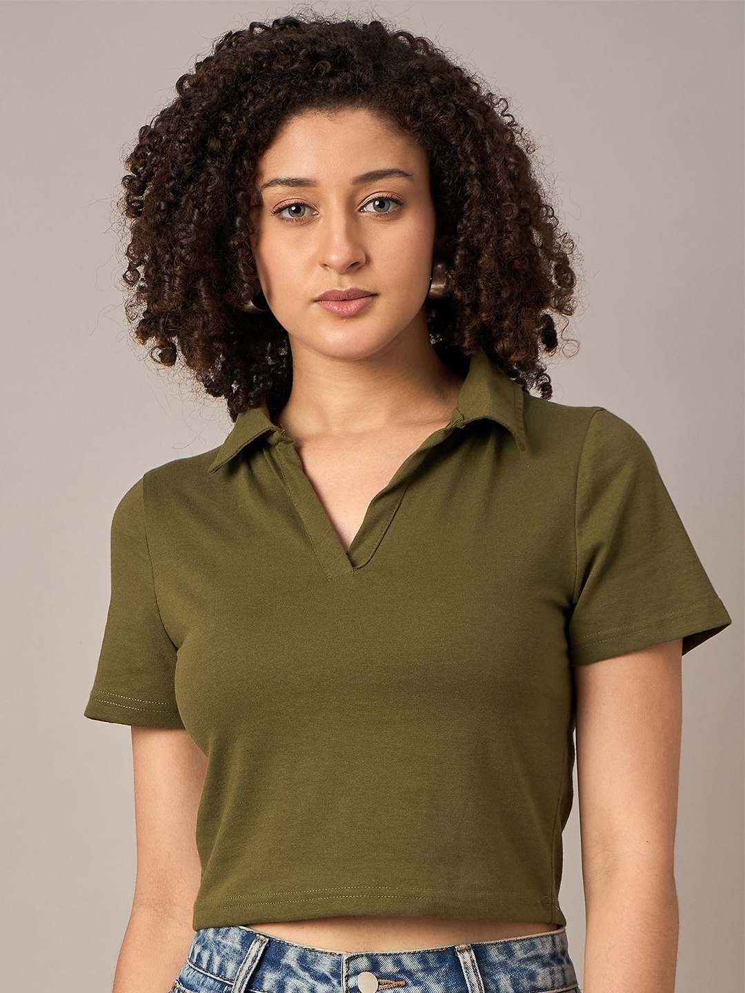 

The Roadster Lifestyle Co. Women Solid Polo Collar Cotton T-shirt, Olive